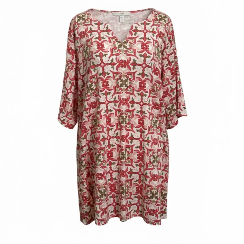 Croft & Barrow 3X Cotton Ornate Print Classic Split neck Short Sleeve Tee
